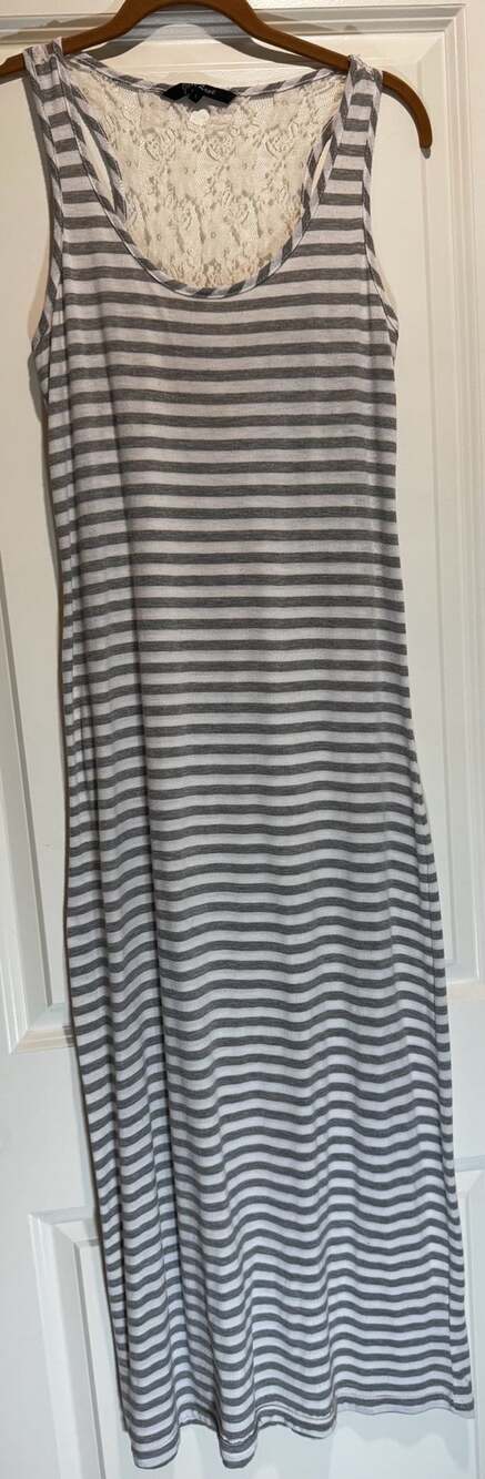 Just Love Gray and White Striped Long Maxi Dress with Lace Back